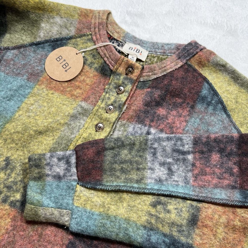 Bibi Plaid Fleece Pullover Soft Cozy Oversized Sweater Medium‎ Hippie Boho Y2K